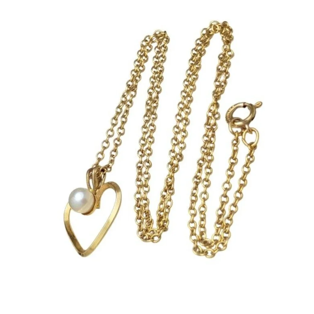 Vintage 14k GF Gold Filled Cultured Pearl Heart Pendant Necklace